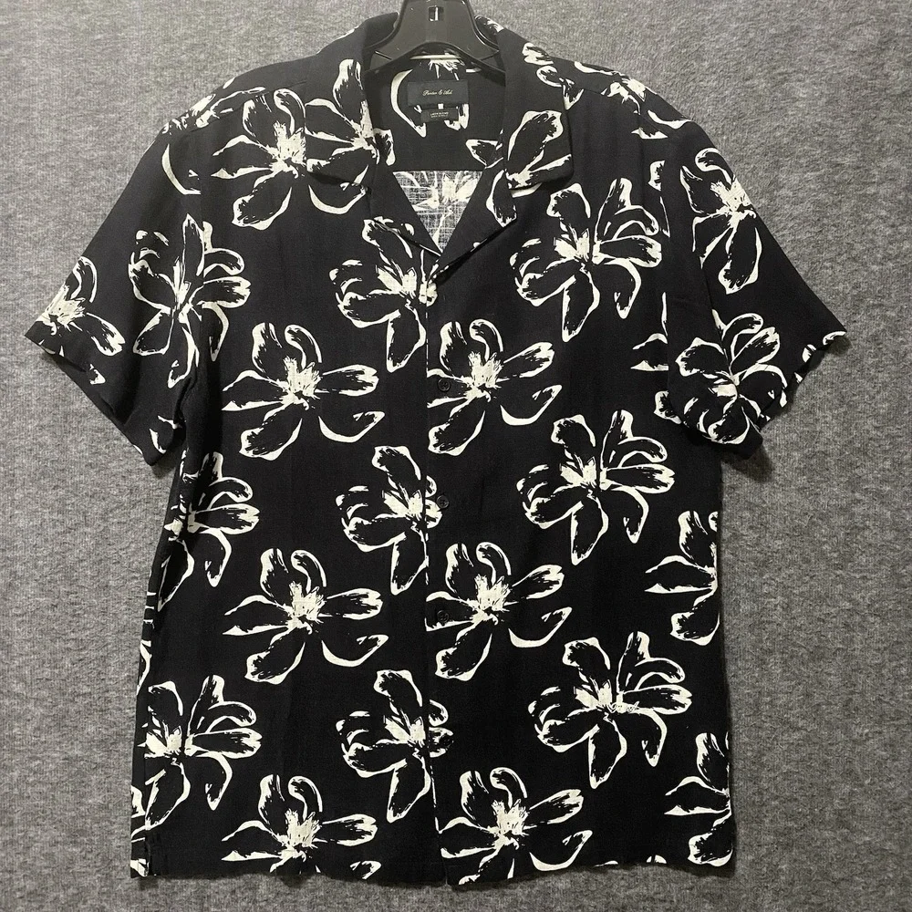 Porter Ash Shirt Linen Blend Men M Black Floral Hawaiian Aloha Beach Resort Camp